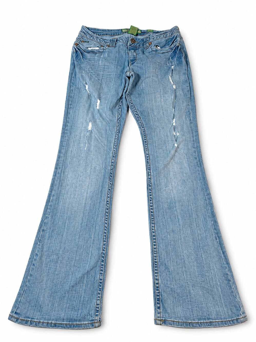 R.E.U.S.E. Y2K Light Wash Distressed Flare Jeans with Cross Pocket Detail